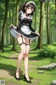 A woman in a maid outfit is standing in the woods.