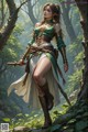 A woman in a green dress holding a sword in a forest.