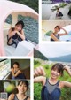 A collage of photos of a woman sitting in a boat.