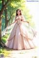 A woman in a wedding dress standing in the woods.