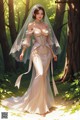 A woman in a wedding dress walking through a forest.